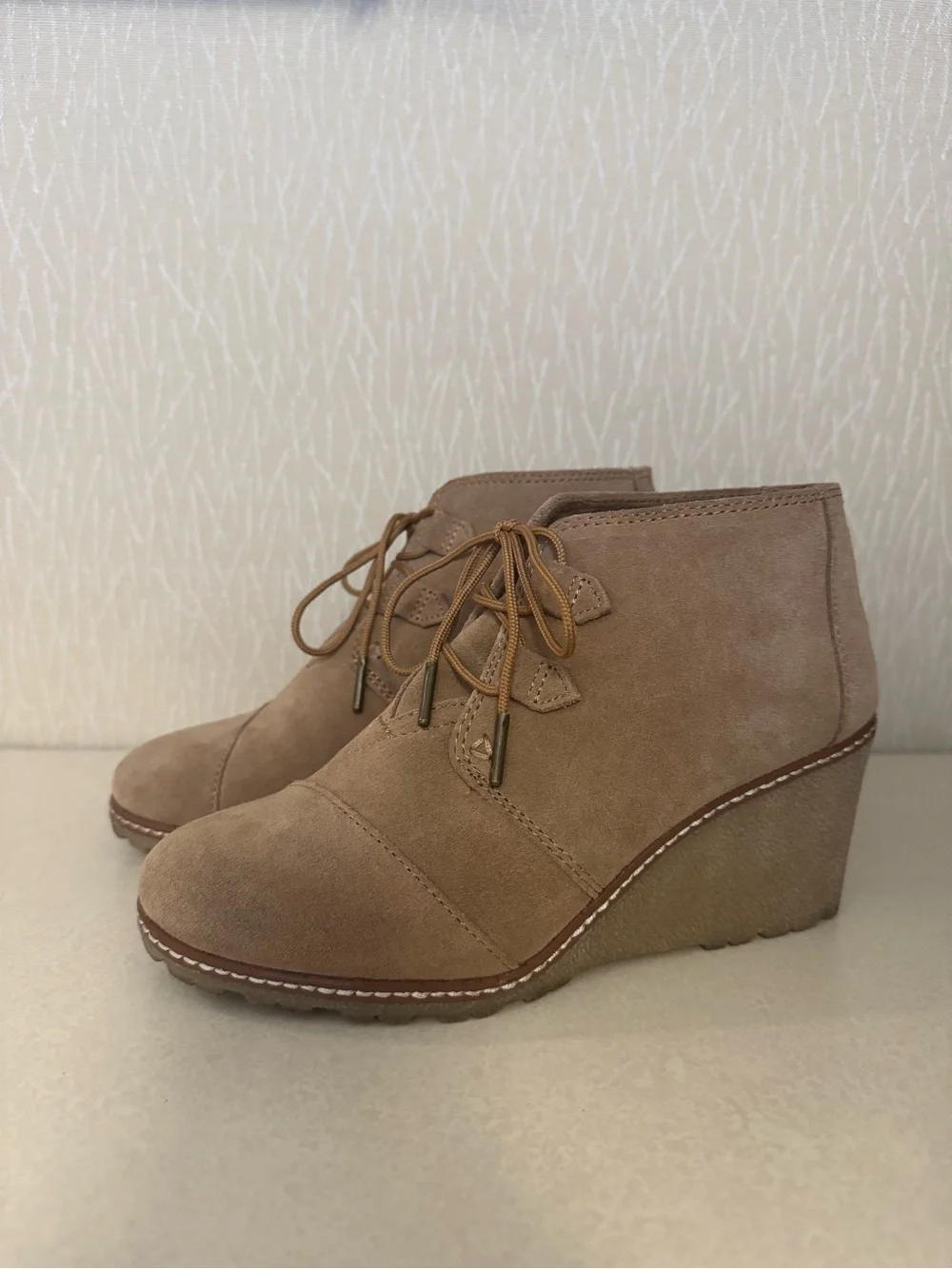 Toms - Tan Suede, Gum Sole Wedge Lace-Up Booties